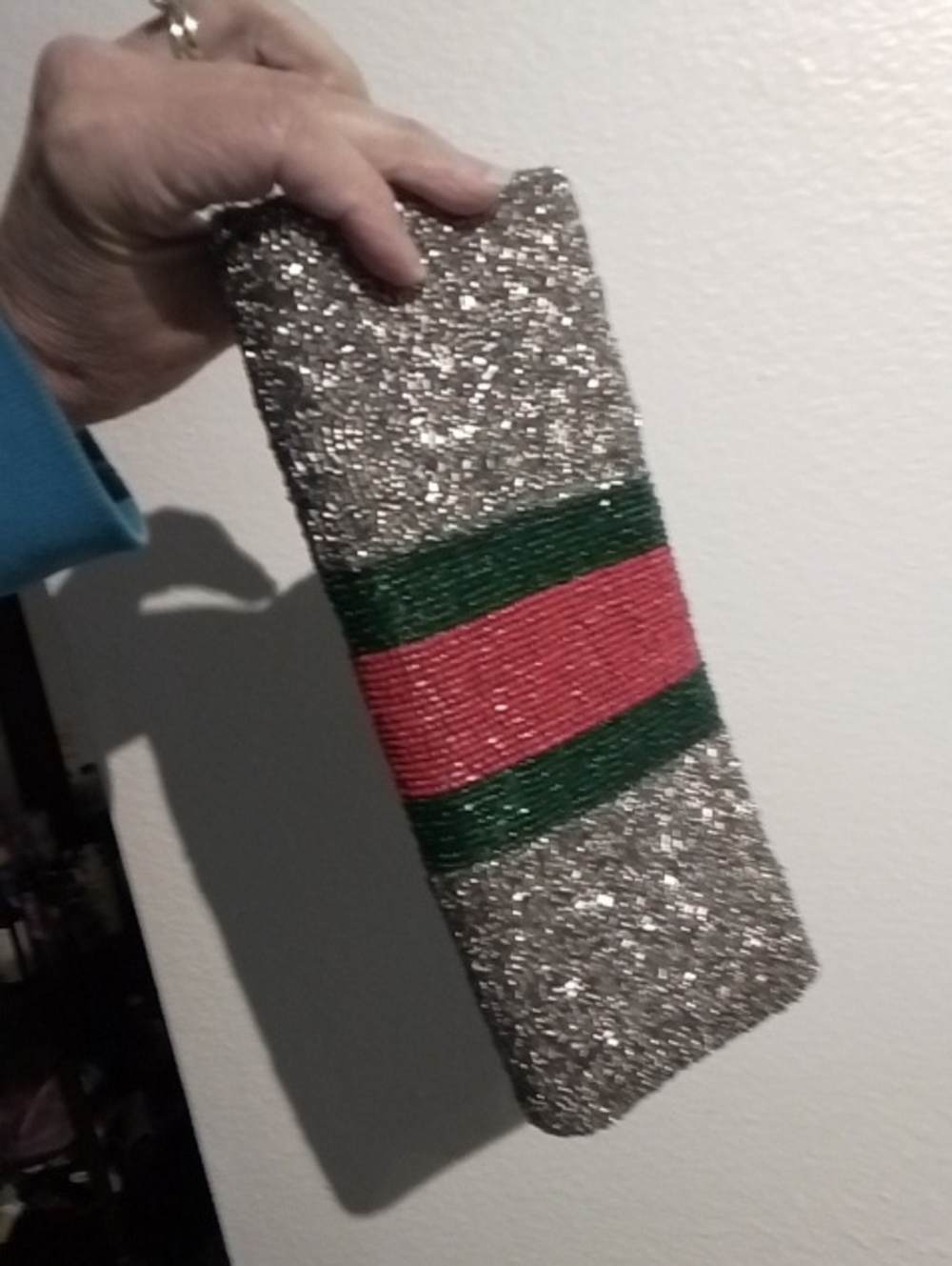 Tiana Hand Beaded Metallic Silver Clutch Bag Green Red Silver - Picture 4 of 12